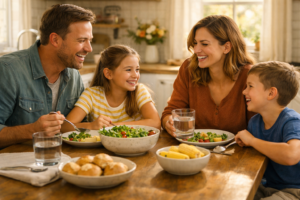 A family enjoying a screen-free meal together as one of the key benefits of a digital detox for relationships.