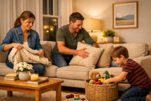 A family maintaining a clean home together through simple daily habits to make quick cleaning easier.