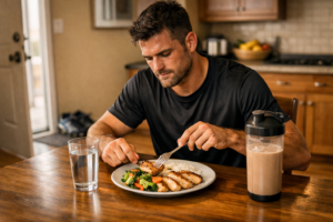 A footballer eating a nutritious post-training meal of chicken, rice, and vegetables to support recovery and get match fit for football.
