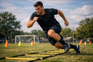 A footballer performing agility ladder drills to build the speed and coordination needed to get match fit for football.