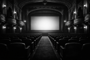 A grand vintage movie theater representing the golden age of classic Hollywood cinema.