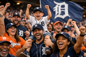 Enthusiastic fans cheering for the Detroit Tigers at a home game.