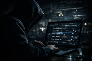 A hacker intercepting data on a public WiFi network, representing cybersecurity risks for everyday users.
