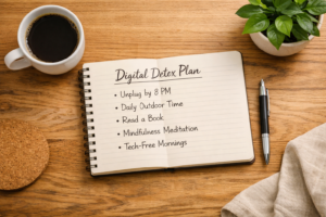 A handwritten digital detox plan on a desk representing practical steps to reduce screen time.
