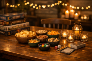 A home dining table set up beautifully for an adult game night with board games, snacks, and warm lighting.