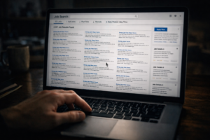 A job seeker scrolling through hundreds of job listings on a laptop, representing the overwhelming and often fruitless experience of finding a job right now.