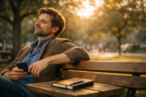 A job seeker taking a restorative outdoor break, representing the importance of mental health during a prolonged difficult job search.