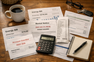 A kitchen table covered with household bills, a calculator, and a grocery receipt representing the financial pressure of rising cost of living.
