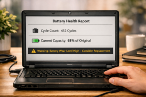 A laptop displaying a battery health report during a second-hand laptop inspection to check remaining battery capacity.
