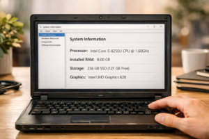 A laptop screen showing system specifications including CPU, RAM, and storage details for a second-hand laptop inspection.