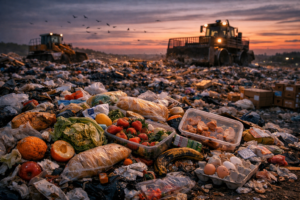 A large landfill site at dusk showing food waste among household rubbish, representing the environmental cost of global food waste.
