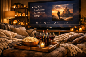 A living room set up perfectly for a movie night at home with soft lighting, blankets, snacks, and a large screen.