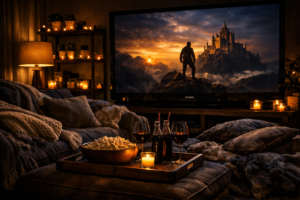 A living room transformed into a home cinema with fairy lights, dim lamps, and a glowing screen for the perfect movie night atmosphere.