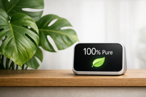 An air quality monitor and indoor plants as part of an atmospheric Sensory Gating Home Audit.
