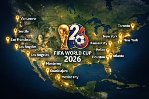 A map showing the 16 host cities across the USA, Mexico, and Canada for the 2026 FIFA World Cup.