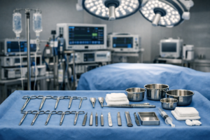 A meticulously prepared sterile surgical instrument tray representing the pre-operative preparation duties of a surgical tech.