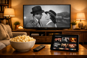 A modern living room set up perfectly for watching classic movies on a streaming platform.