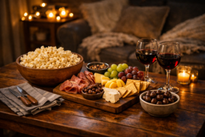 A movie night snack station with popcorn, charcuterie, wine, and chocolate set up on a coffee table for the perfect home cinema experience.