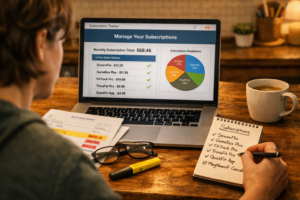 A person auditing their subscriptions using a laptop tracking tool and bank statement, representing the process of finding all unexpected subscription charges.