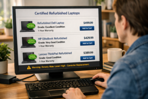 A person browsing a certified refurbished laptop website to find a reliable second-hand laptop with a warranty.