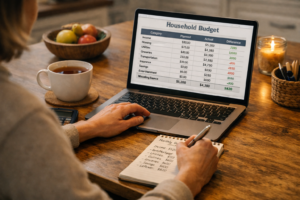 A person calmly reviewing their household budget on a laptop, representing practical financial management during a cost of living crisis.
