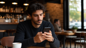 A person carefully verifying a public WiFi network name before connecting to avoid fake hotspots.