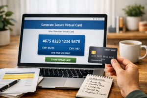 A person creating a virtual credit card on a laptop to prevent unauthorized subscription charges — a key consumer protection strategy for 2026.