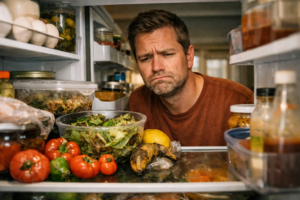 A person looking into an overstocked refrigerator representing the household habits that drive food waste in everyday life.