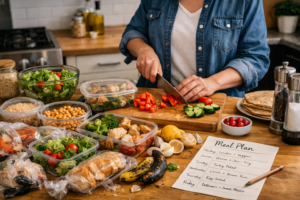 A person meal prepping in a well-organized kitchen as a practical solution to reducing household food waste.