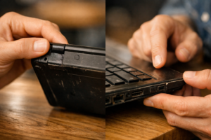 A person physically inspecting a second-hand laptop exterior, checking hinges, corners, and body condition.