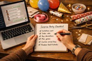 A person planning a surprise party with a notebook checklist and private group chat, keeping all details secret from the guest of honor.