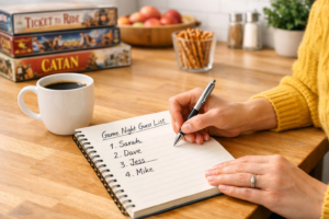 A person planning an adult game night by writing a guest list and organizing game selections in advance.