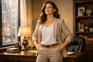 A person practicing a confident power pose before an important meeting or presentation.