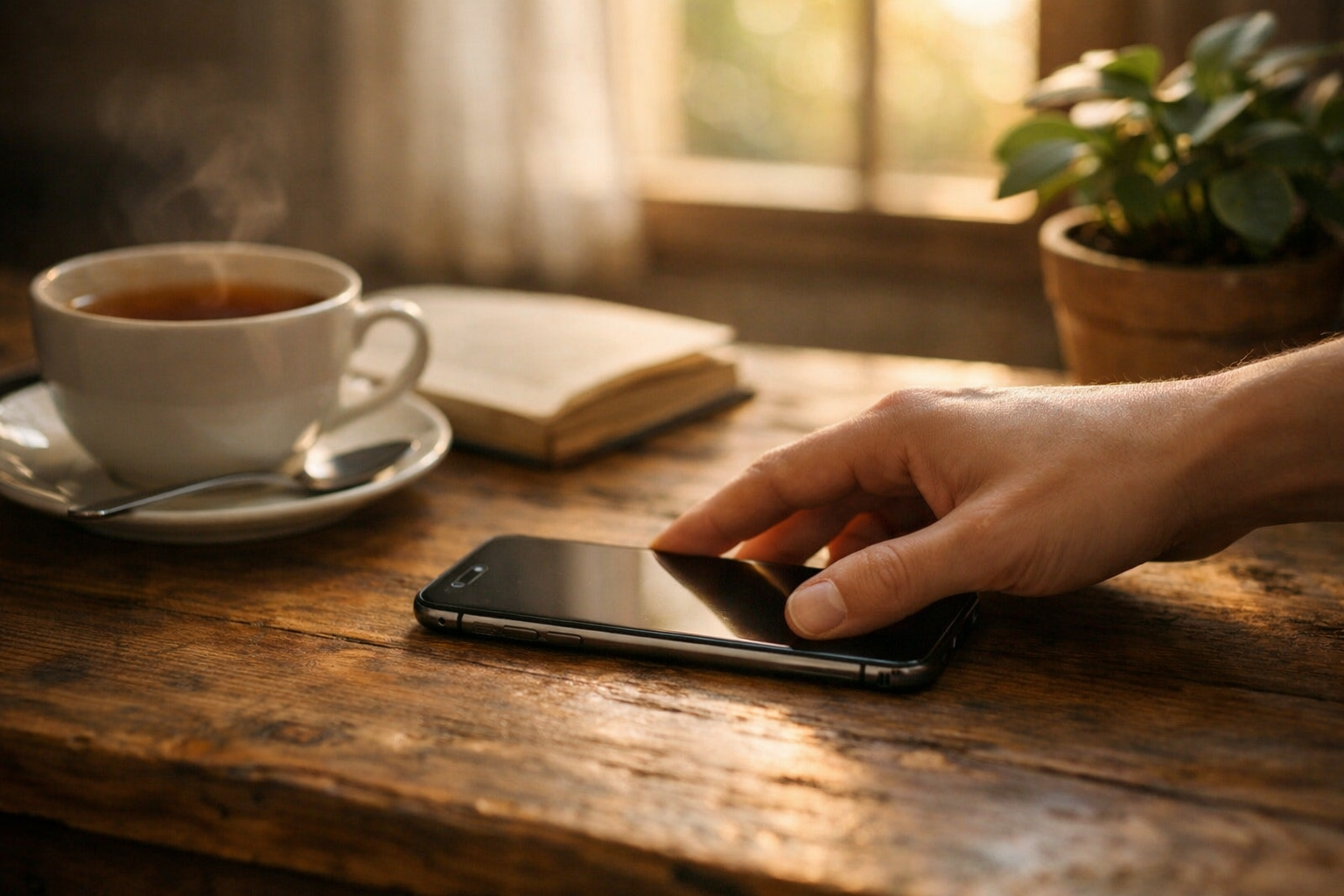 A person putting their phone down to begin a digital detox for better mental health and well-being.