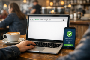 A person safely browsing on public WiFi using a VPN and HTTPS-secured websites.