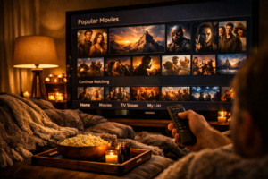 A person scrolling through a streaming platform choosing a film for the perfect movie night at home.