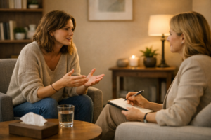 A person speaking with a therapist about feeling overwhelmed by everyday life, representing the value of professional mental health support.