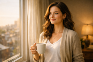 A person standing confidently by a window in the morning, representing the start of building daily confidence.