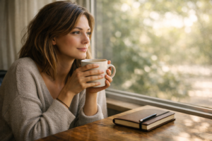 A person taking a quiet, intentional pause by a window — one of the first steps toward managing feeling overwhelmed by everyday life.