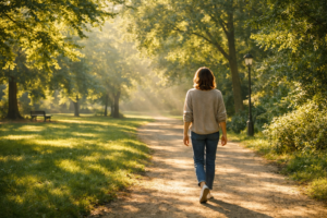 A person walking alone through a green park without their phone — using physical movement to reduce feeling overwhelmed by everyday life.