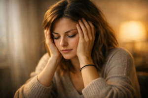 A person with eyes closed and hands on their head, representing the internal psychological experience of feeling overwhelmed by everyday life.