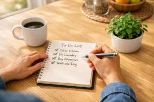 A person writing a quick house cleaning checklist to prepare for an efficient and fast clean.