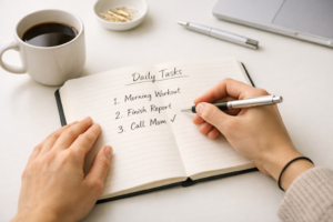 A person writing a short, focused daily task list as a practical strategy for managing feeling overwhelmed by everyday life.