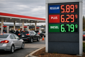 A petrol station with high fuel prices displayed on its forecourt board, representing the inflation surge that drove up the cost of living.
