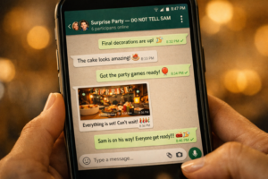 A private group chat for surprise party planning on a smartphone, keeping all communications completely hidden from the guest of honor.