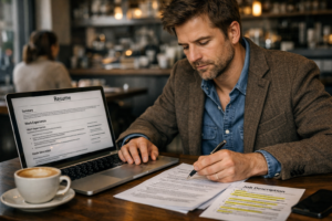 A qualified job seeker strategically rewriting their resume to get past AI screening systems, representing what it takes to find a job right now.