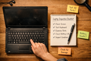 A second-hand laptop on a desk beside a handwritten inspection checklist for a smart, informed purchase.