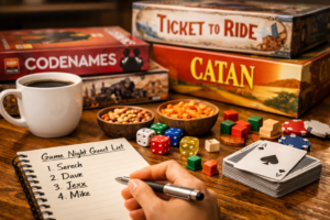 A selection of popular adult board games laid out on a table ready for game night including Codenames and Catan.