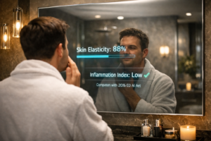 A homeowner utilizing the Longevity Mirror Health Diagnostic Protocol to check daily biomarkers.