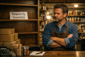 A small business owner facing product shortages and rising costs caused by trade war disruptions to supply chains.